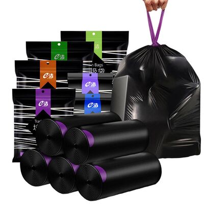 Customized eco-friendly black recyclable garbage bags, heavy-duty plastic drawstring bags with gravure printing custom logos