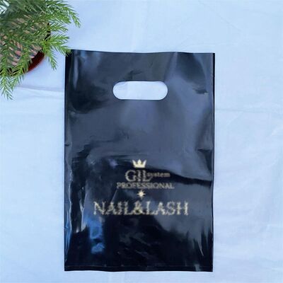 Customized black polyethylene plastic T-shirt bag with four-finger flat pockets, suitable for supermarket, clothing and shoe store logo printing options