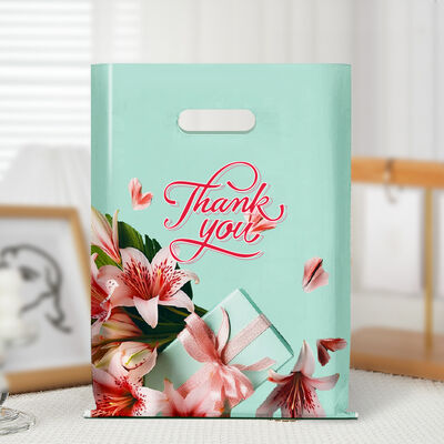Colorful Printed PE Die‑Cut Handle Bag, Thank You Plastic Shopping Bag, Custom Printed Retail Merchandise Packaging Bag for Boutique, Gift & Apparel